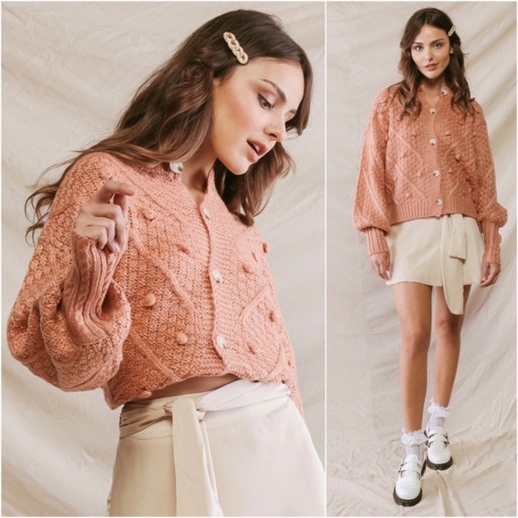 (41)New Blush Knit Button Front Cardigan PomKnit Gorgeous Classy Women’s Sweater - Picture 2 of 4
